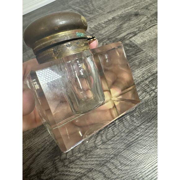 Antique Vintage Crystal Glass Block Ink Well Brass Lid Art Deco Cube Grandpacore - Picture 8 of 13